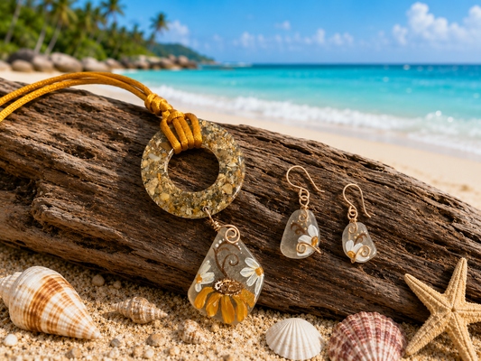 Set Collar Sea Glass Blanco Pintado a Mano