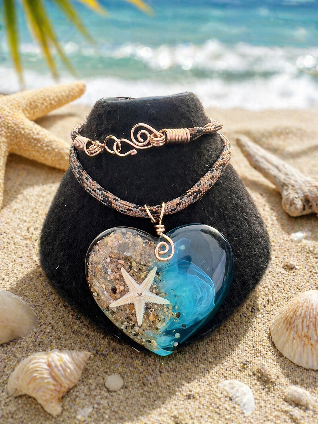 Collar Corazón Arena Efecto Olas con Estrella de Mar en Turquesa