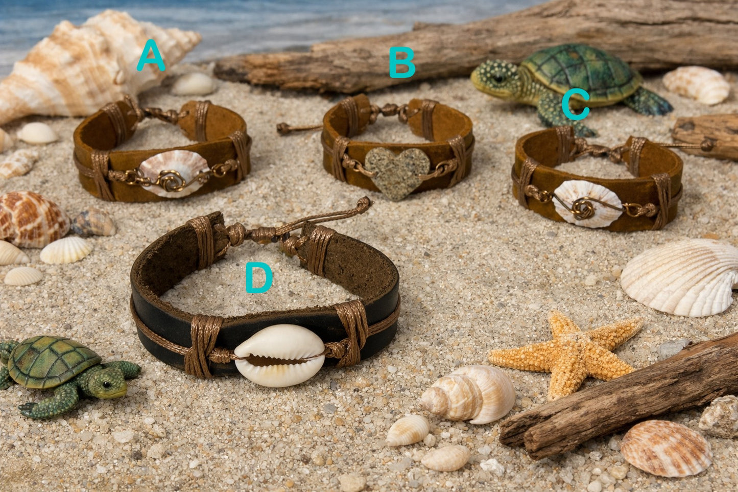 Pulsera Artesanal en Cuero con Elementos del Mar